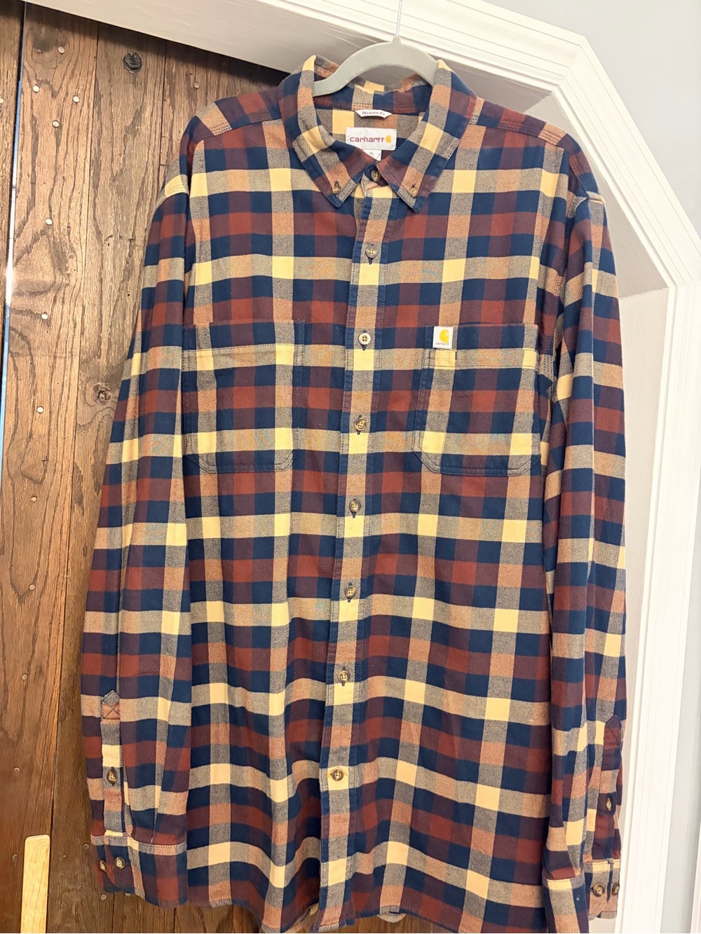 Carhartt Men’s Plaid Button-Down Flannel Shirt in Navy, Rust & Cream